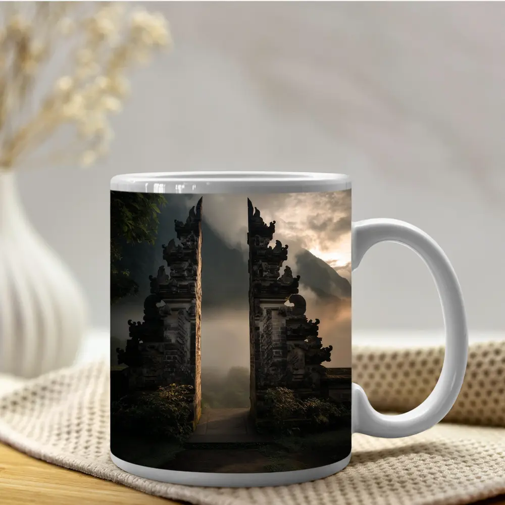 Balinese Temple Gate Misty Mountain Landscape – Mugs
