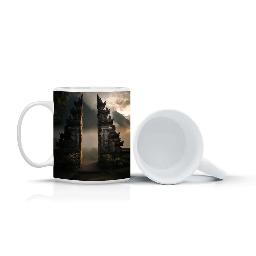Balinese Temple Gate Misty Mountain Landscape – Mugs