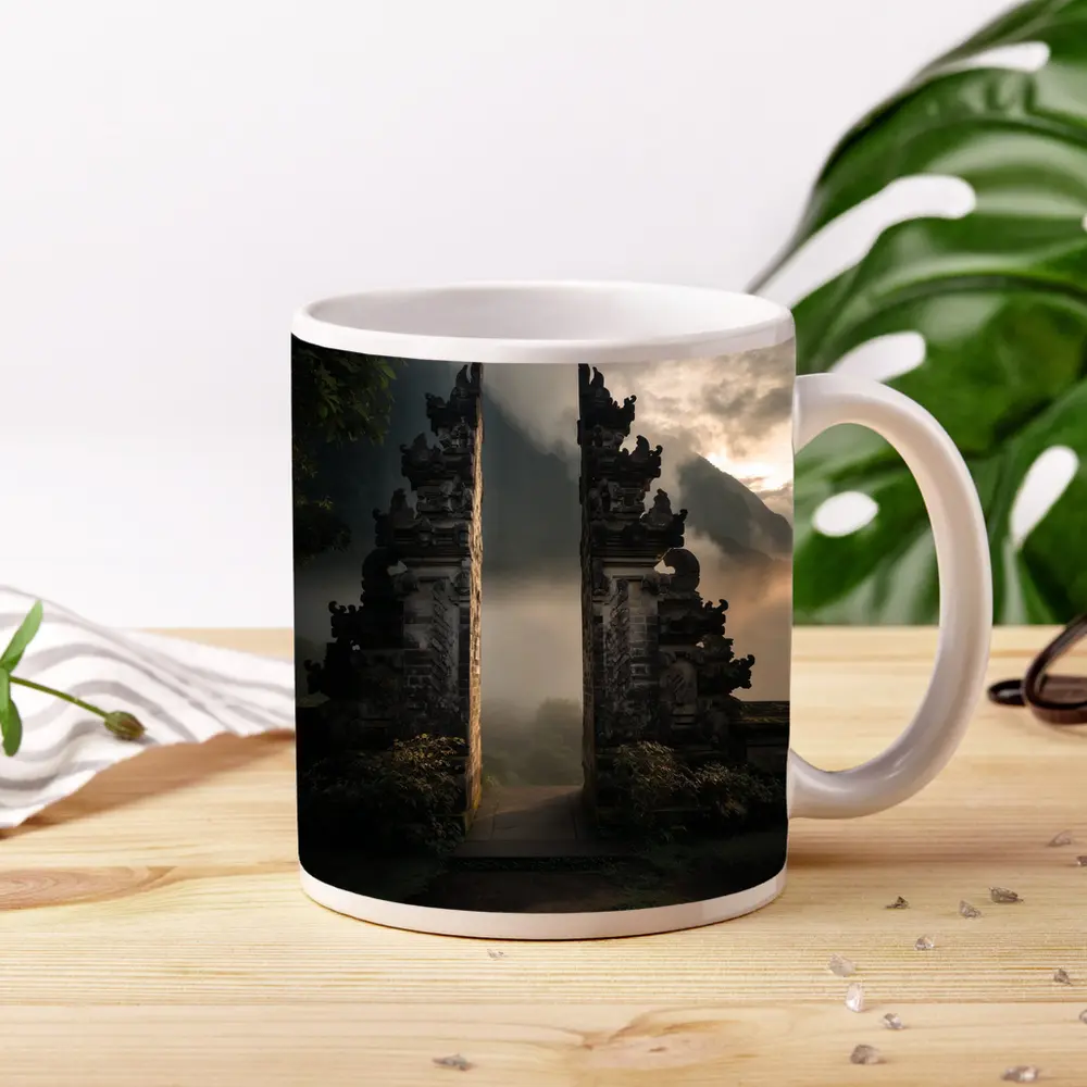 Balinese Temple Gate Misty Mountain Landscape – Mugs
