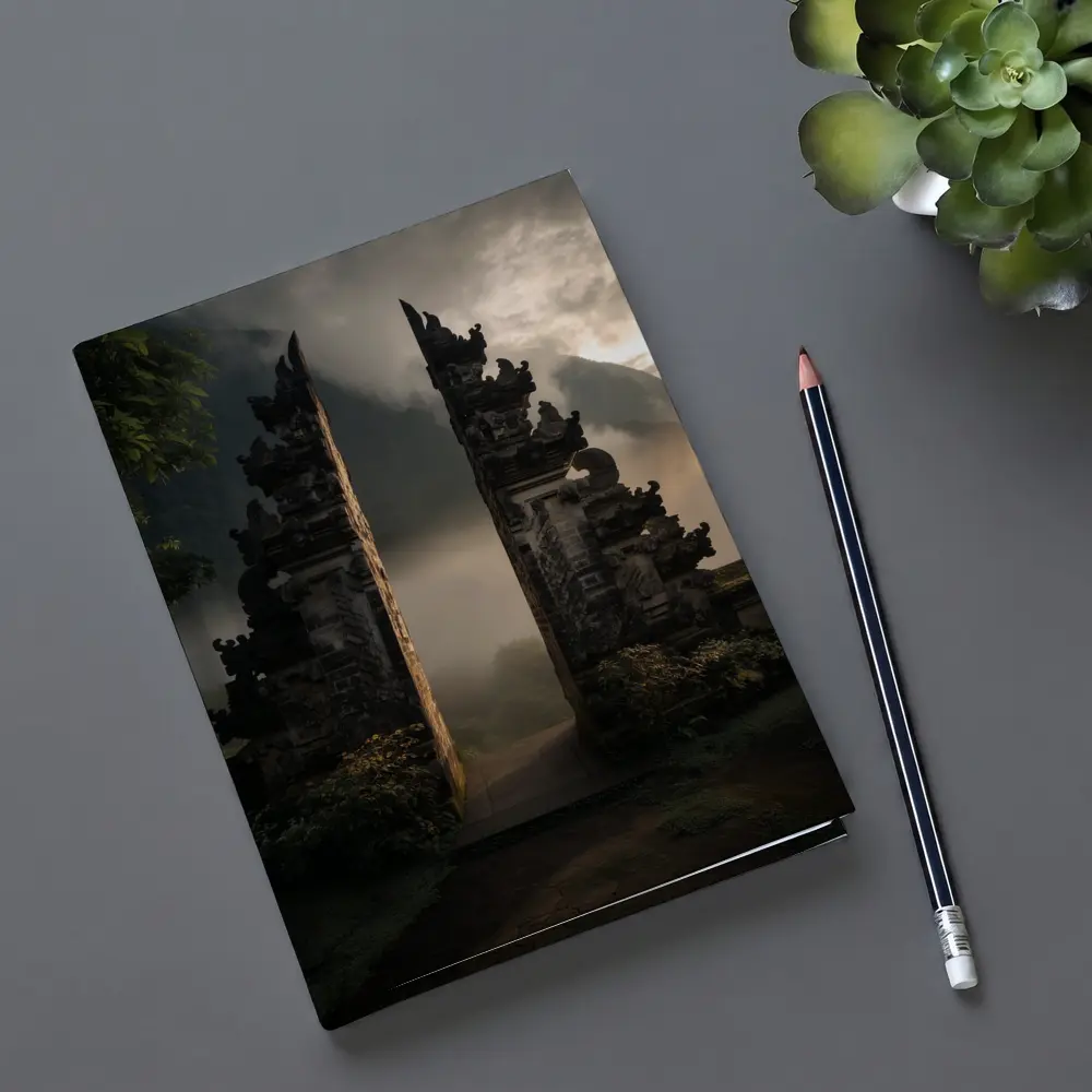 Balinese Temple Gate Misty Mountain Landscape – Notebooks