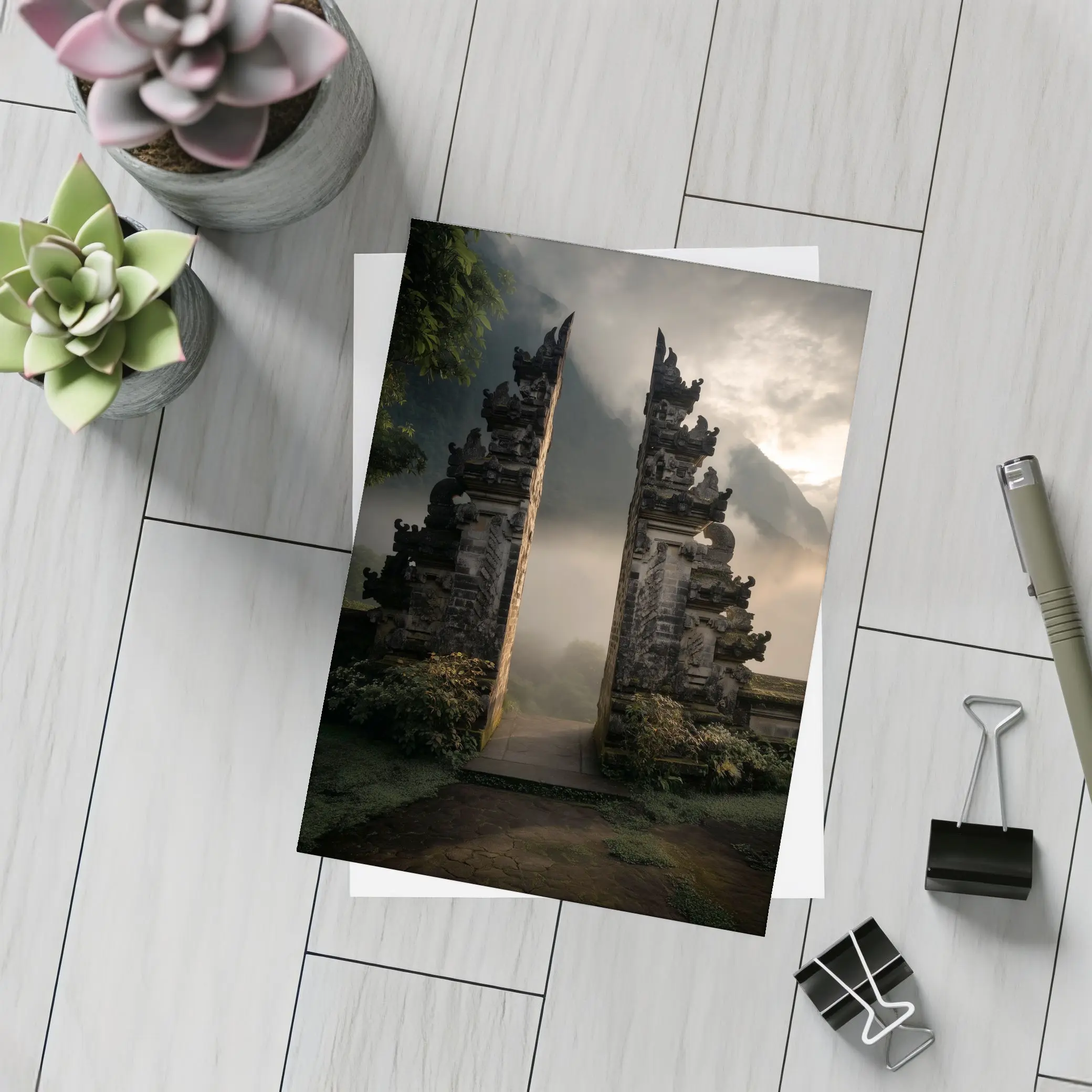 Balinese Temple Gate Misty Mountain Landscape – Postcards