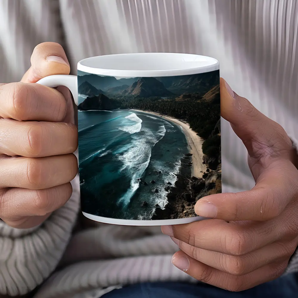 Tropical Beach Cove Aerial Cliffside View – Mugs