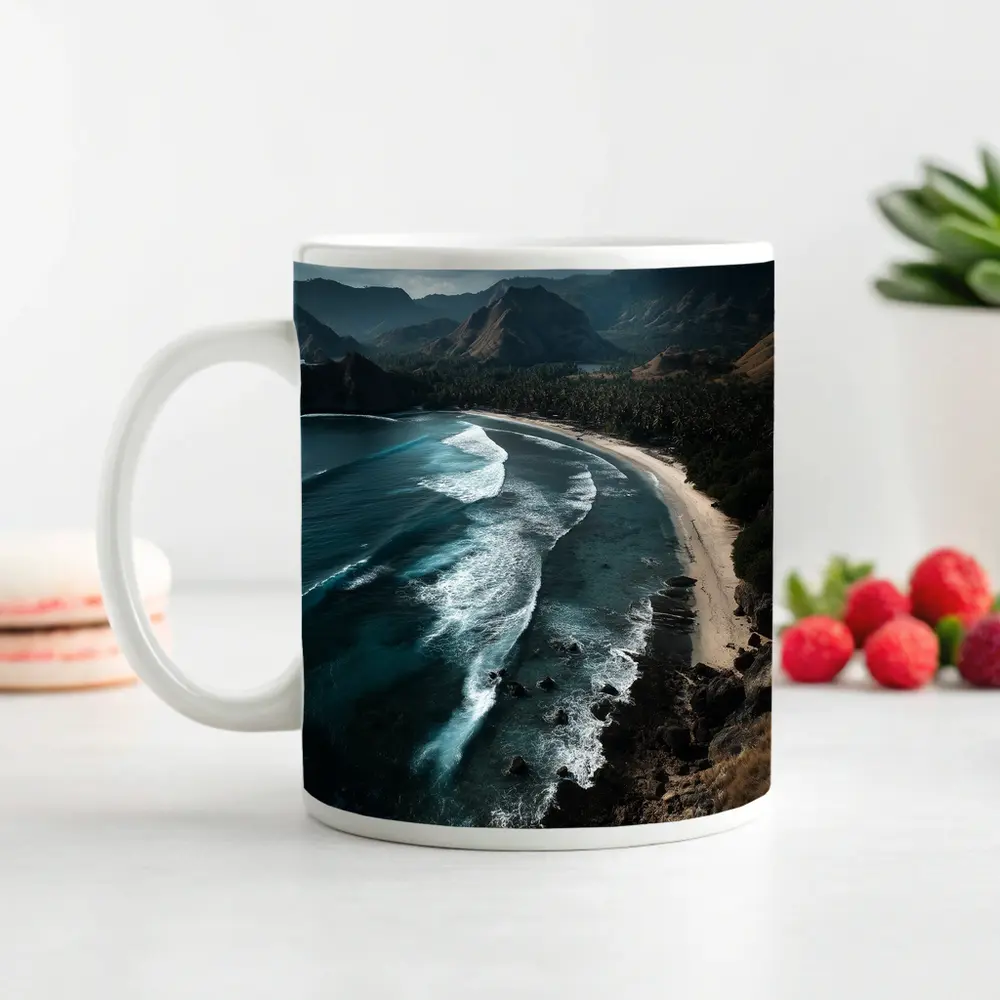 Tropical Beach Cove Aerial Cliffside View – Mugs