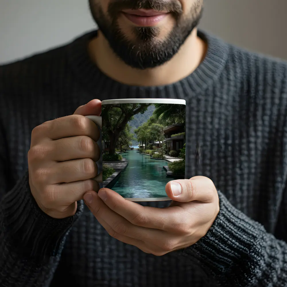 Tropical Resort Pool Surrounded By Lush Trees – Mugs