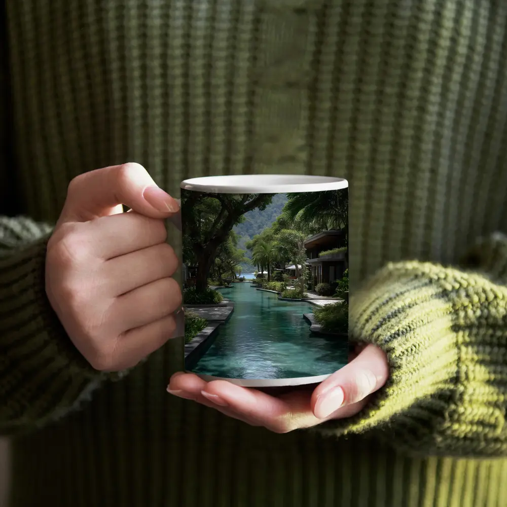 Tropical Resort Pool Surrounded By Lush Trees – Mugs