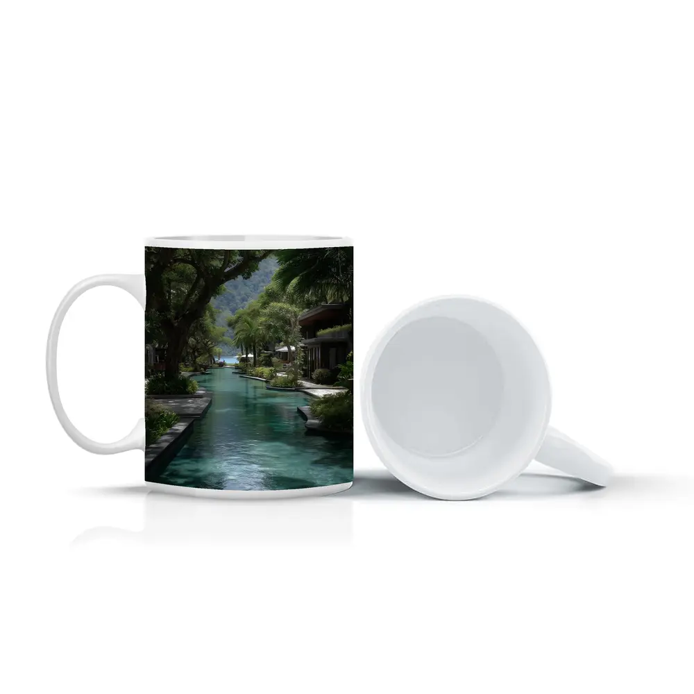 Tropical Resort Pool Surrounded By Lush Trees – Mugs