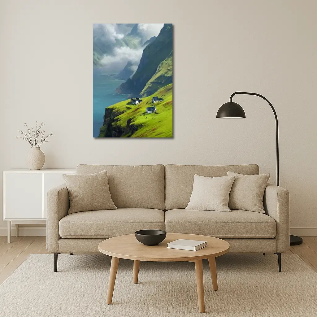 Green Cliffside Village Overlooking Dramatic Fjord – Wall Art