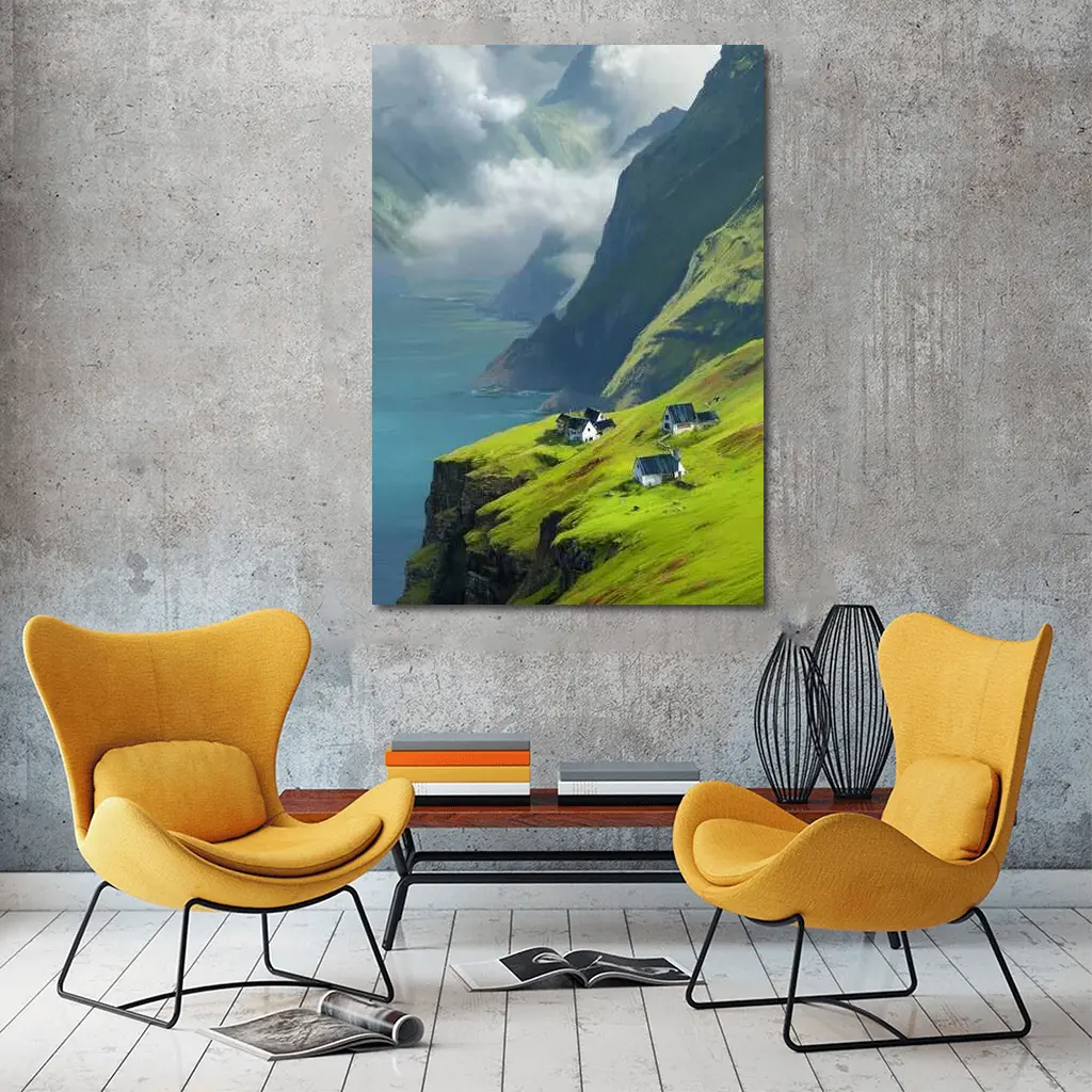 Green Cliffside Village Overlooking Dramatic Fjord – Wall Art