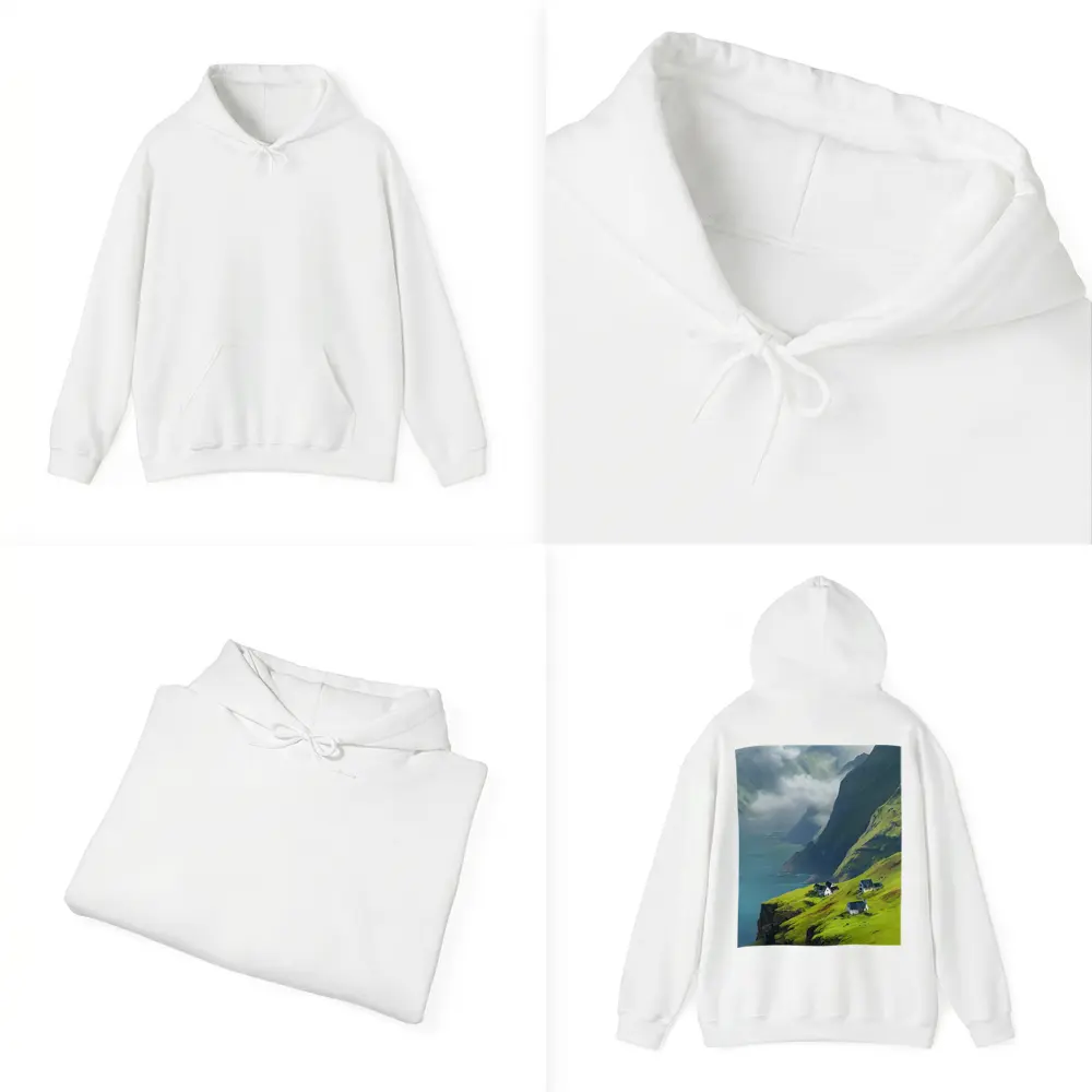 Green Cliffside Village Overlooking Dramatic Fjord – Hoodies