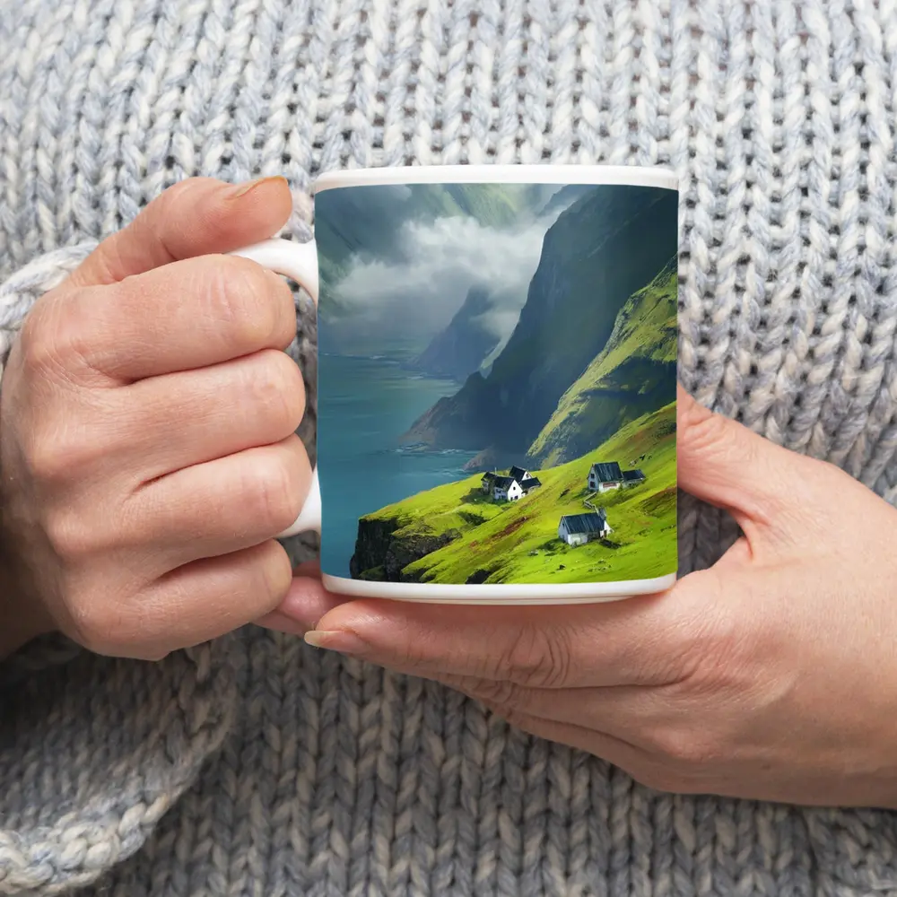 Green Cliffside Village Overlooking Dramatic Fjord – Mugs