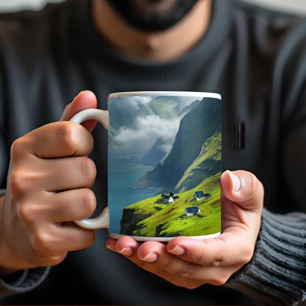 Green Cliffside Village Overlooking Dramatic Fjord – Mugs