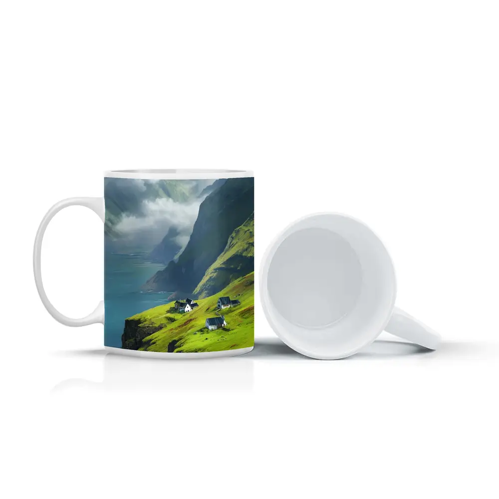 Green Cliffside Village Overlooking Dramatic Fjord – Mugs