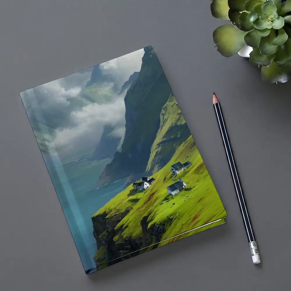 Green Cliffside Village Overlooking Dramatic Fjord – Notebooks