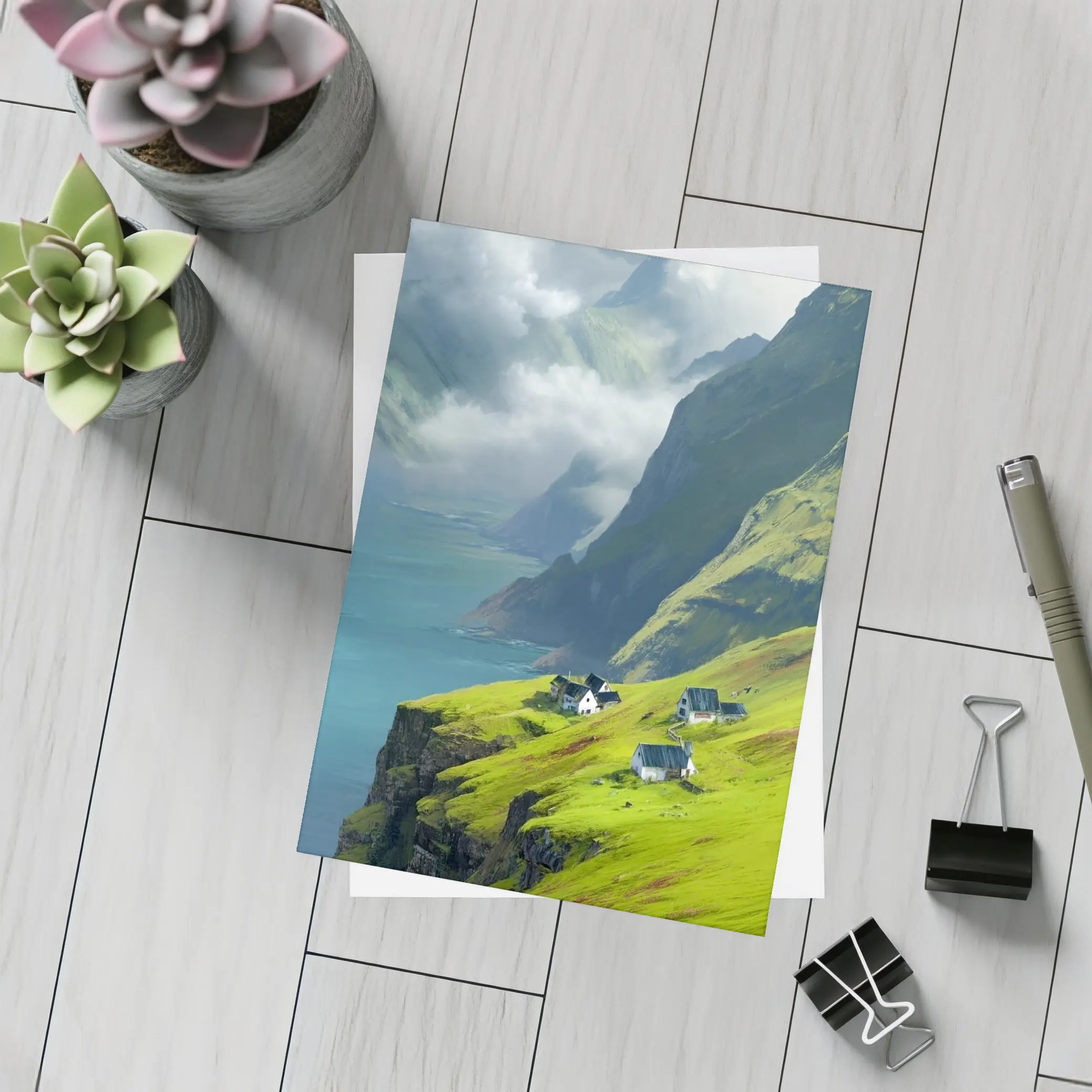 Green Cliffside Village Overlooking Dramatic Fjord – Postcards