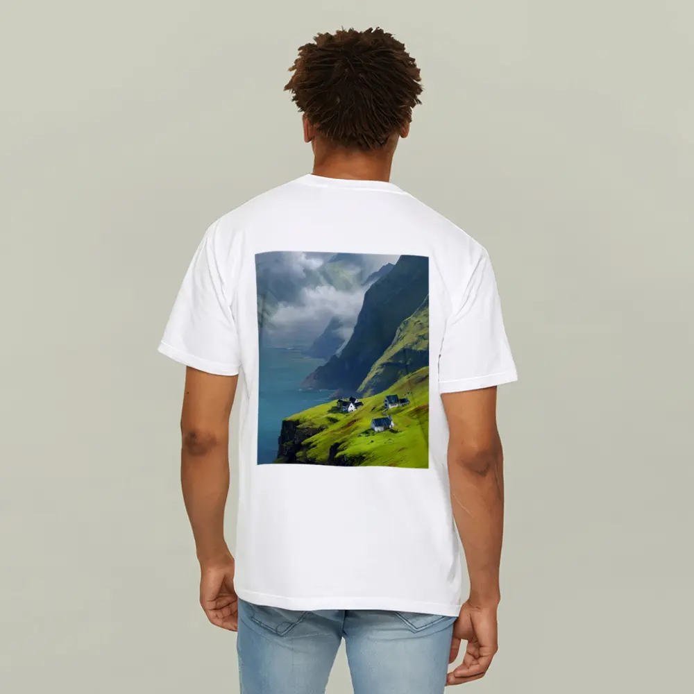Green Cliffside Village Overlooking Dramatic Fjord – T-Shirts