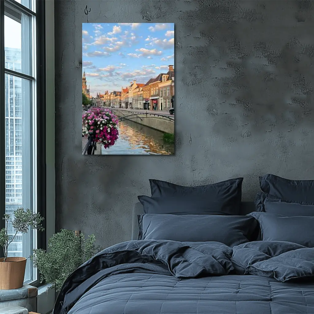 Dutch Canal Town Flowers Cloudy Sky – Wall Art