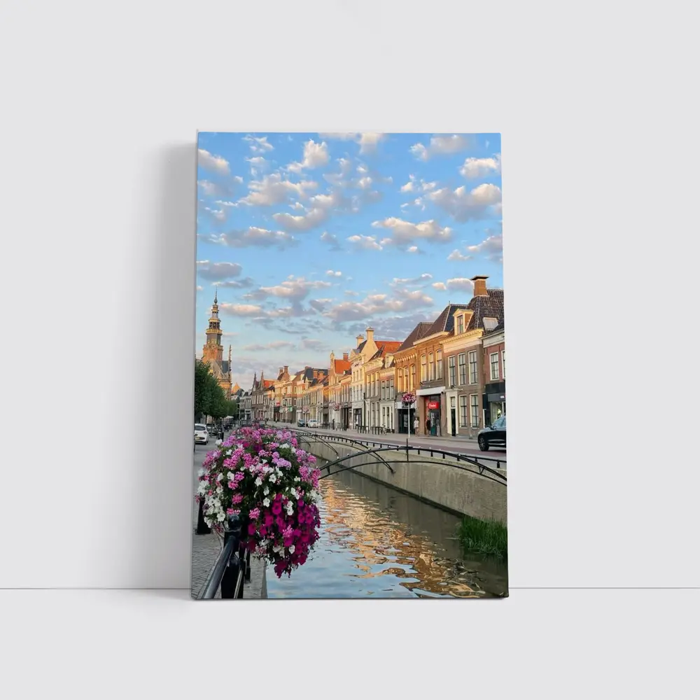 Dutch Canal Town Flowers Cloudy Sky – Wall Art