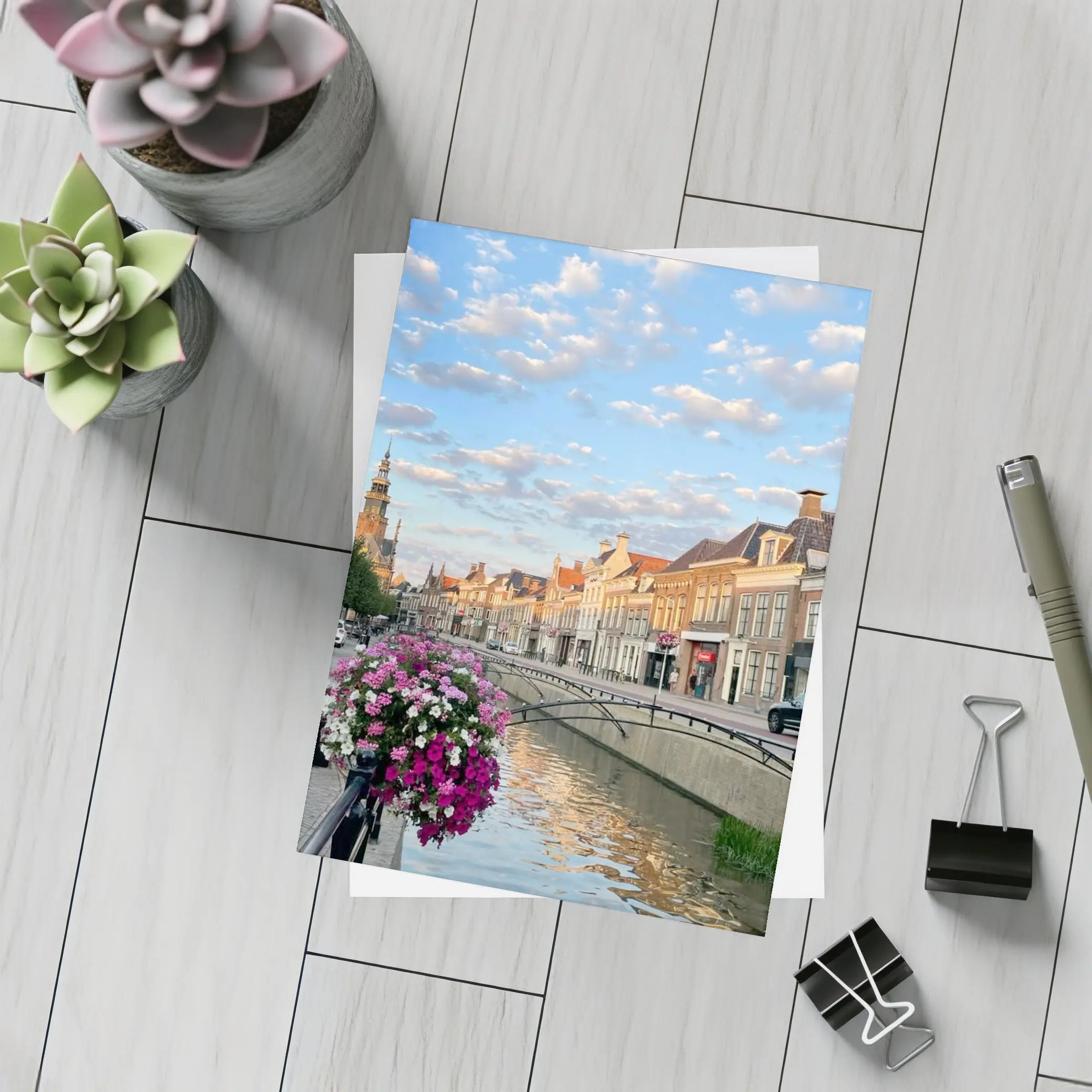 Dutch Canal Town Flowers Cloudy Sky – Postcards