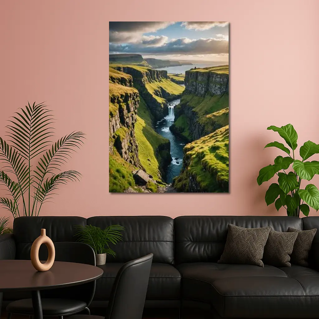 Green Cliffside Canyon Waterfall Coastal Landscape – Wall Art