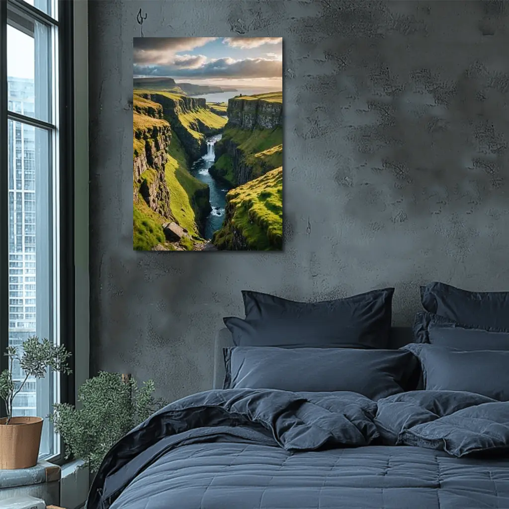 Green Cliffside Canyon Waterfall Coastal Landscape – Wall Art