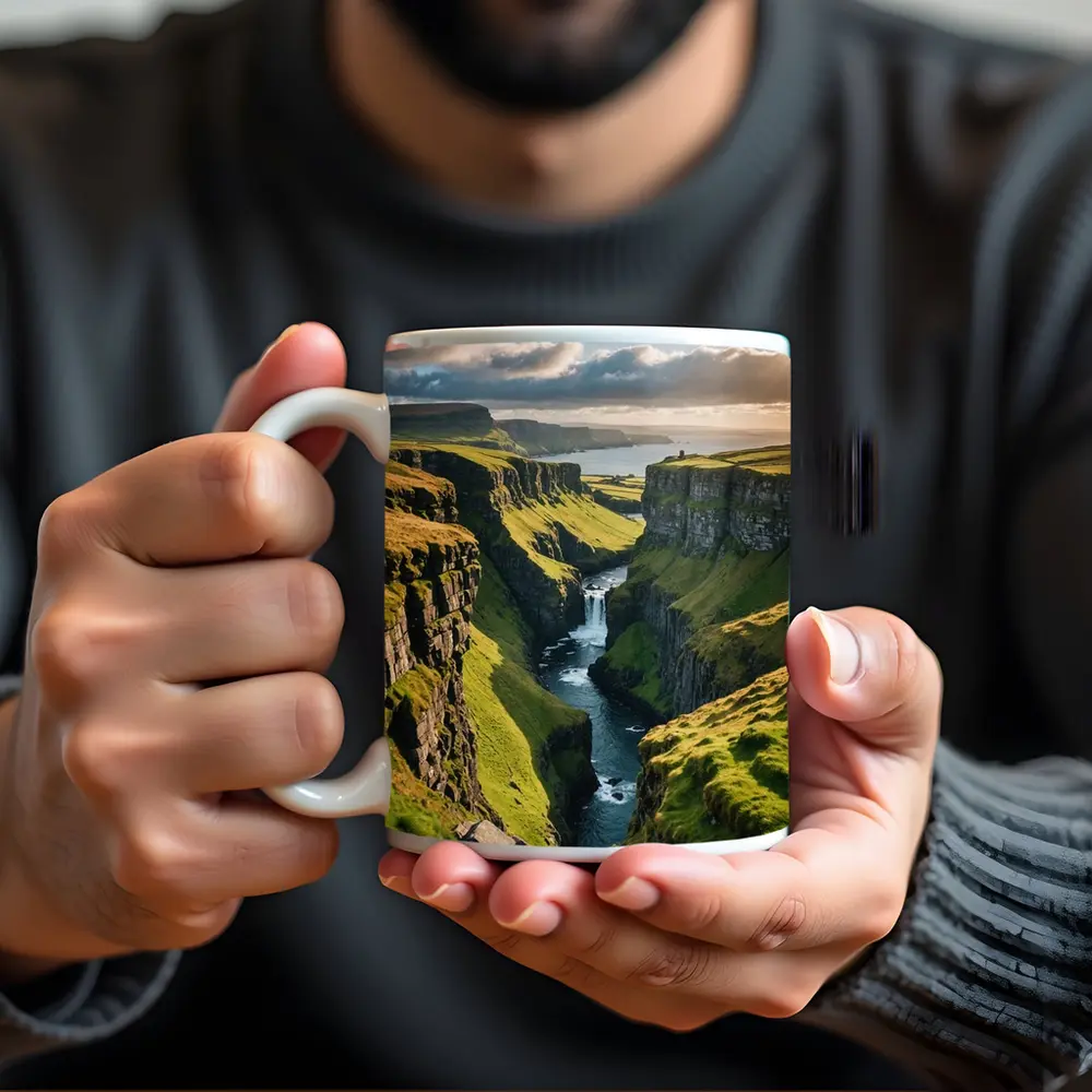 Green Cliffside Canyon Waterfall Coastal Landscape – Mugs