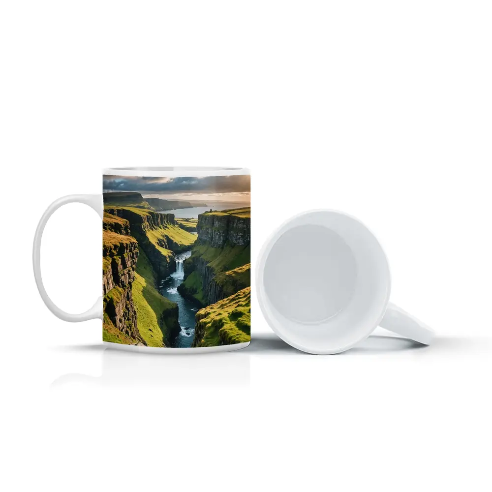 Green Cliffside Canyon Waterfall Coastal Landscape – Mugs