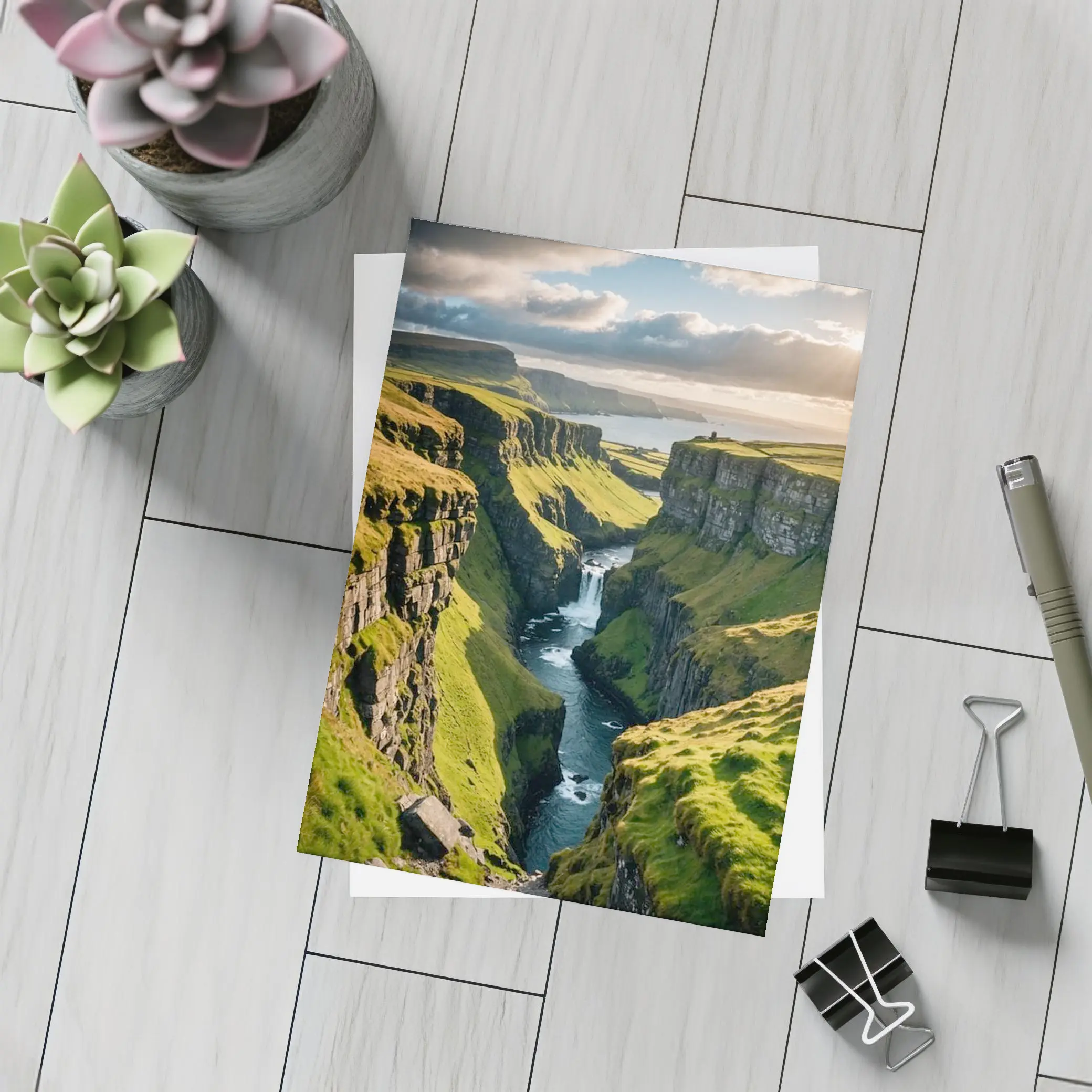 Green Cliffside Canyon Waterfall Coastal Landscape – Postcards