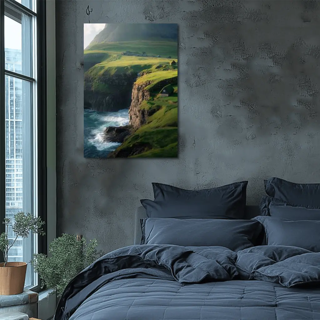 Green Cliffside Coastal Village Ocean View – Wall Art