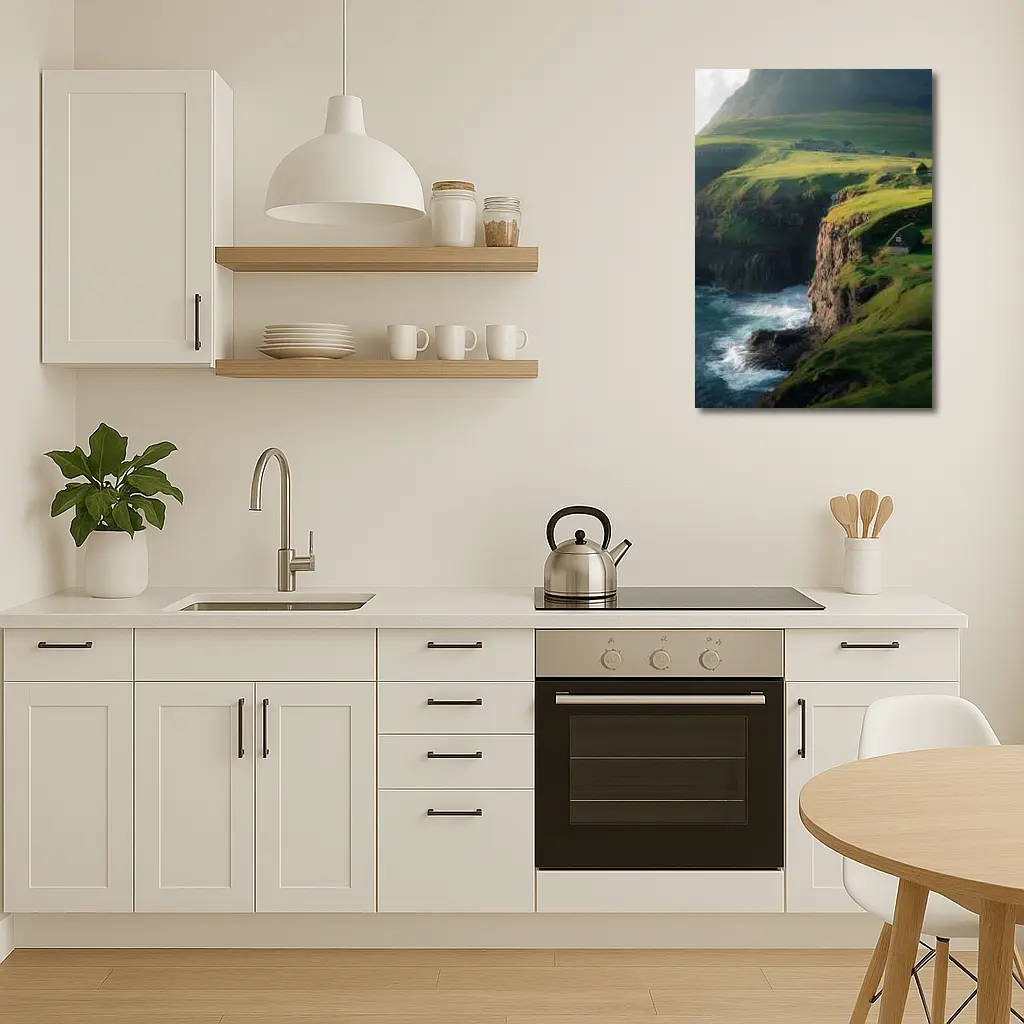 Green Cliffside Coastal Village Ocean View – Wall Art