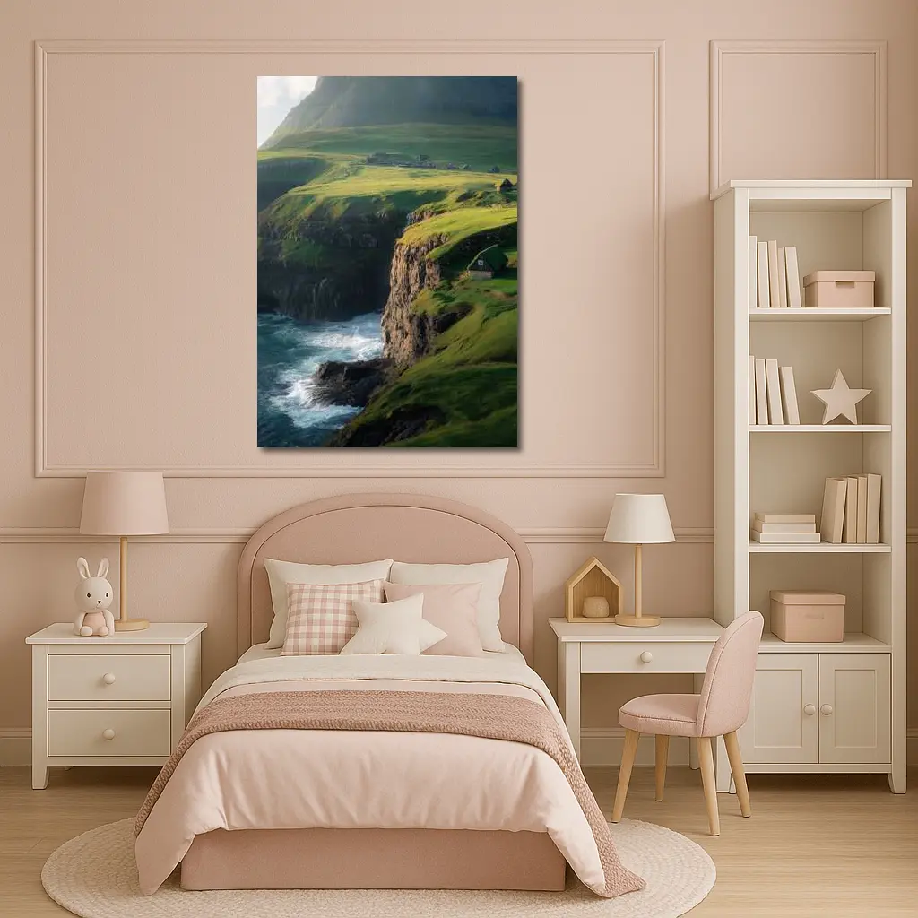 Green Cliffside Coastal Village Ocean View – Wall Art