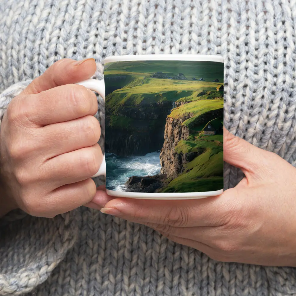 Green Cliffside Coastal Village Ocean View – Mugs