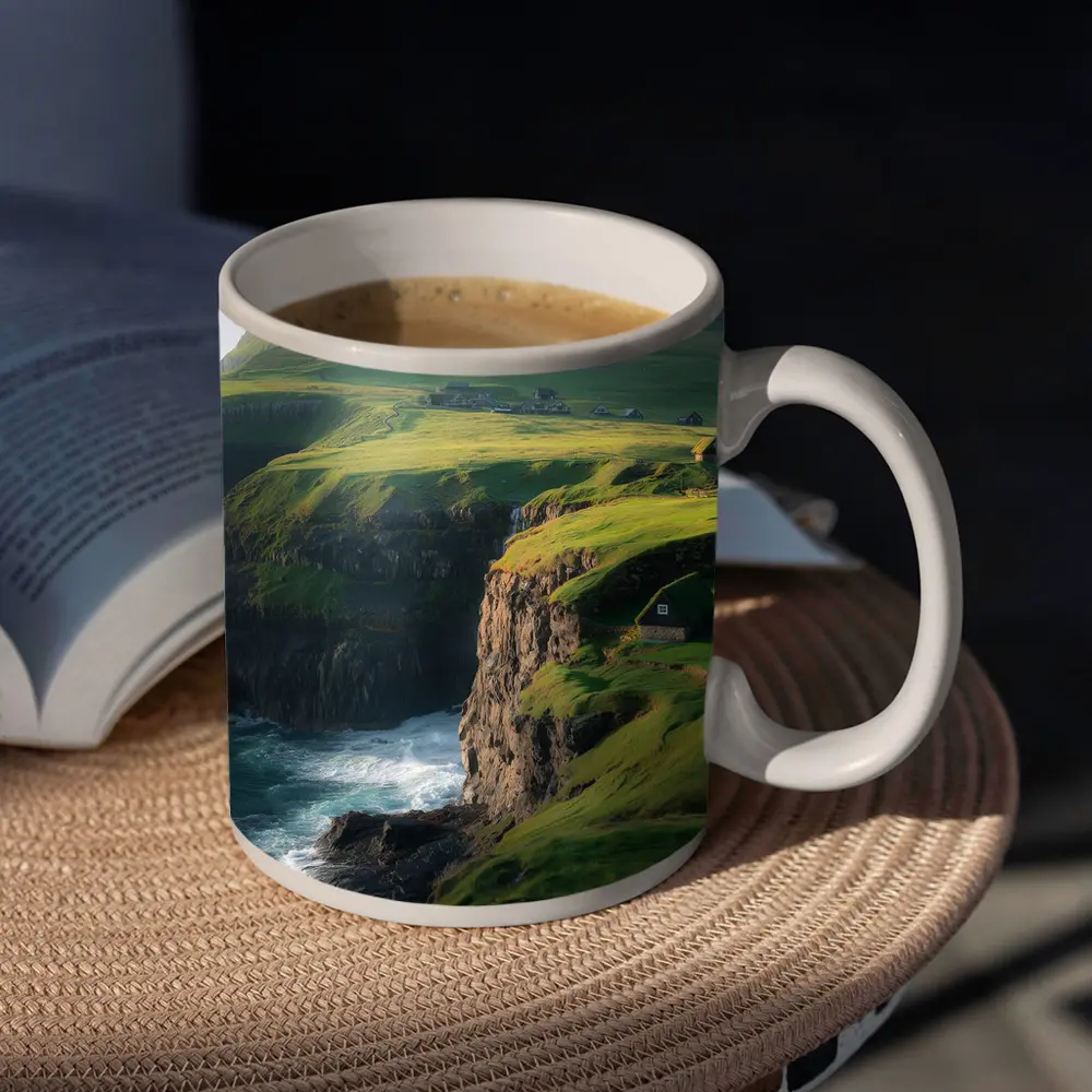 Green Cliffside Coastal Village Ocean View – Mugs