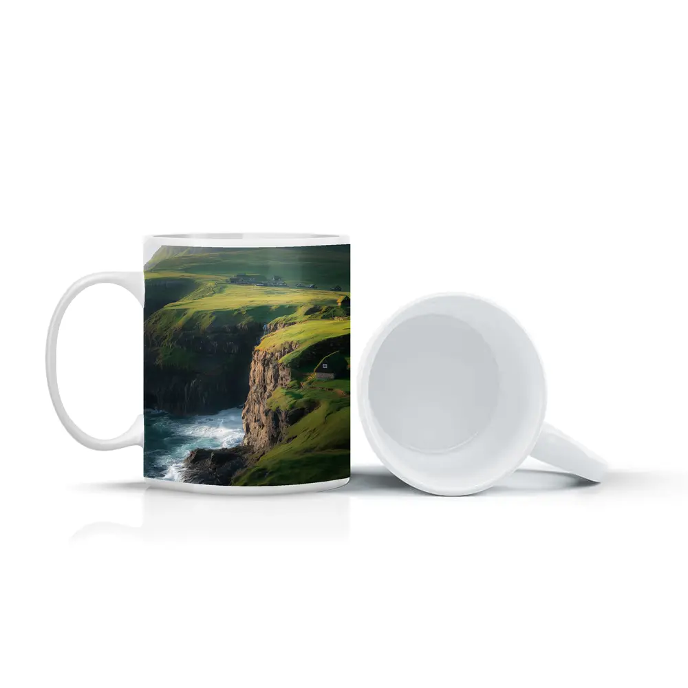 Green Cliffside Coastal Village Ocean View – Mugs