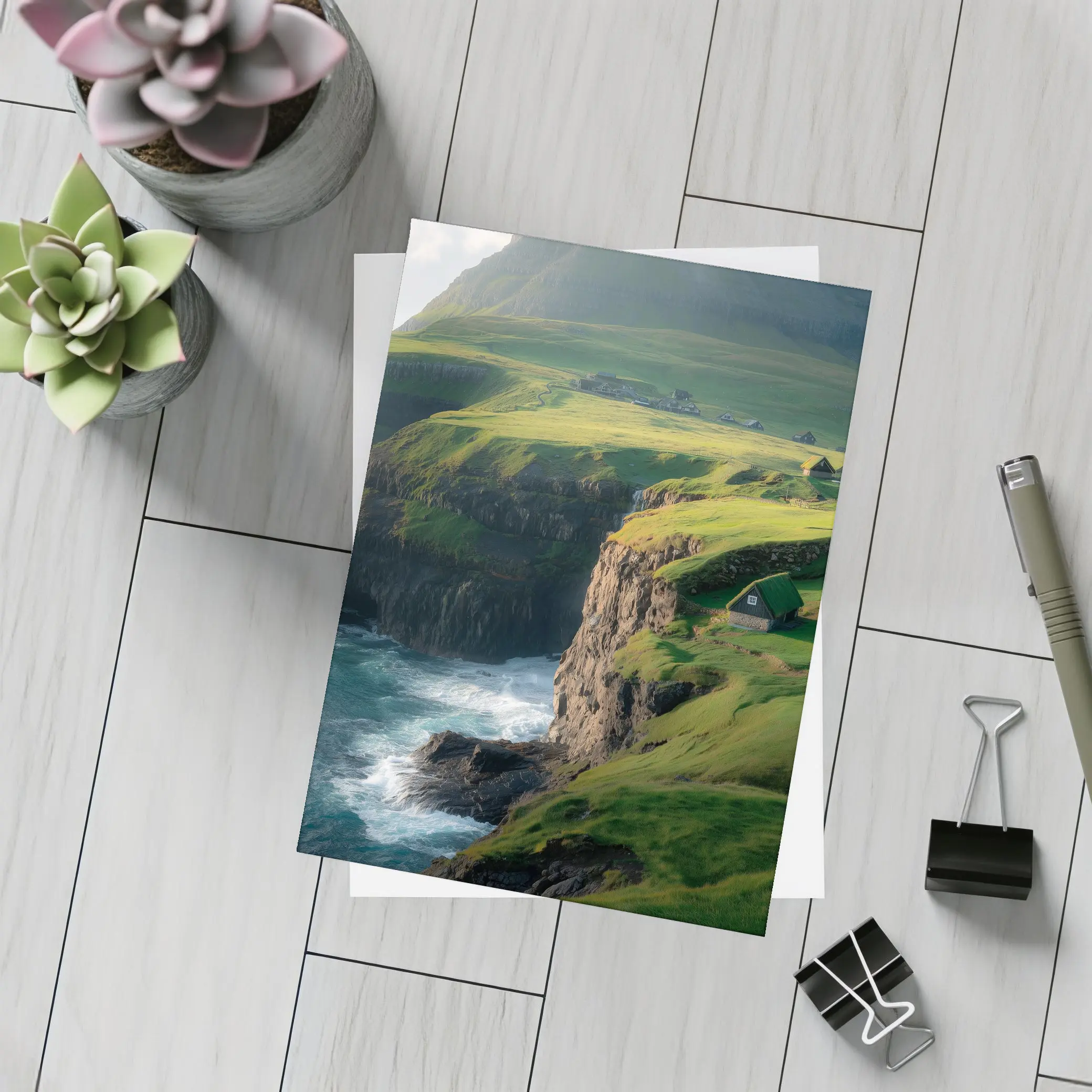 Green Cliffside Coastal Village Ocean View – Postcards