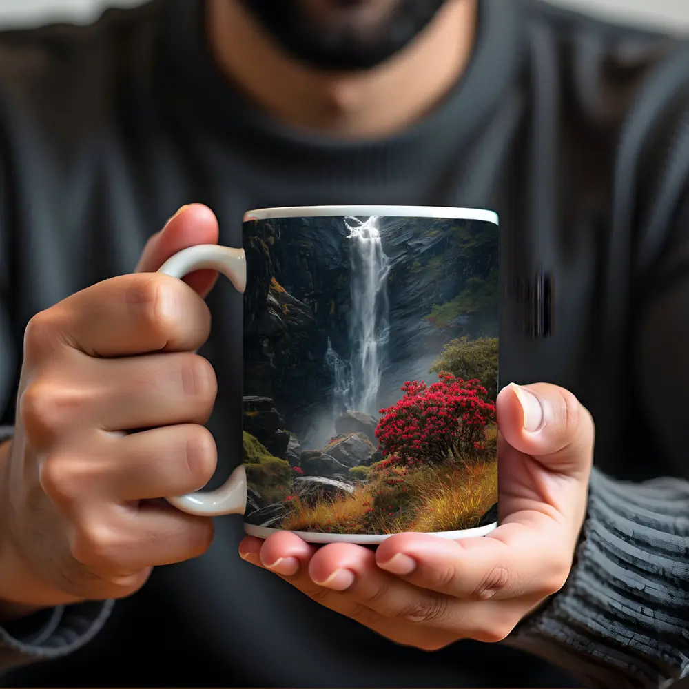 Waterfall Cascading Through Rocky Mountain Gorge – Mugs
