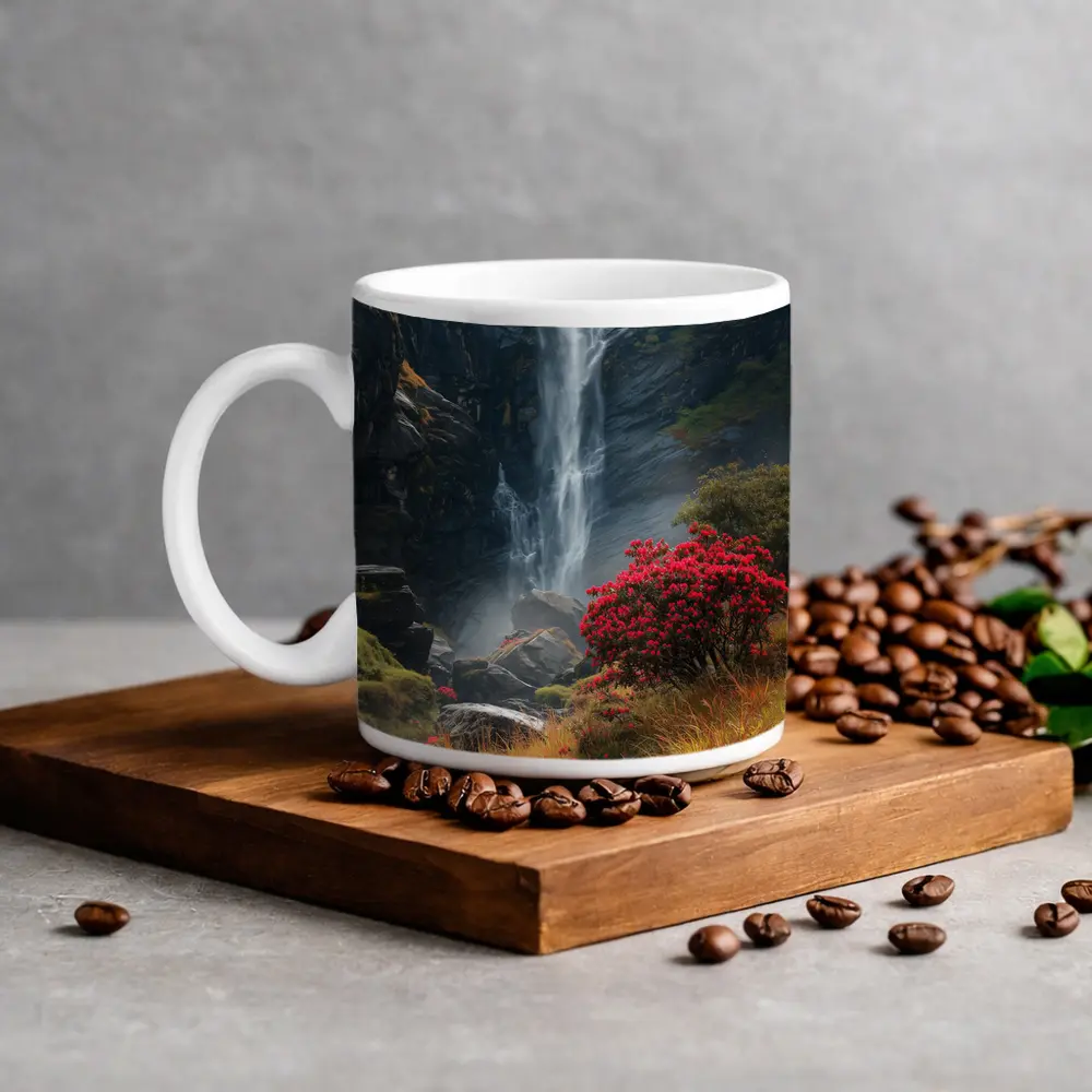 Waterfall Cascading Through Rocky Mountain Gorge – Mugs