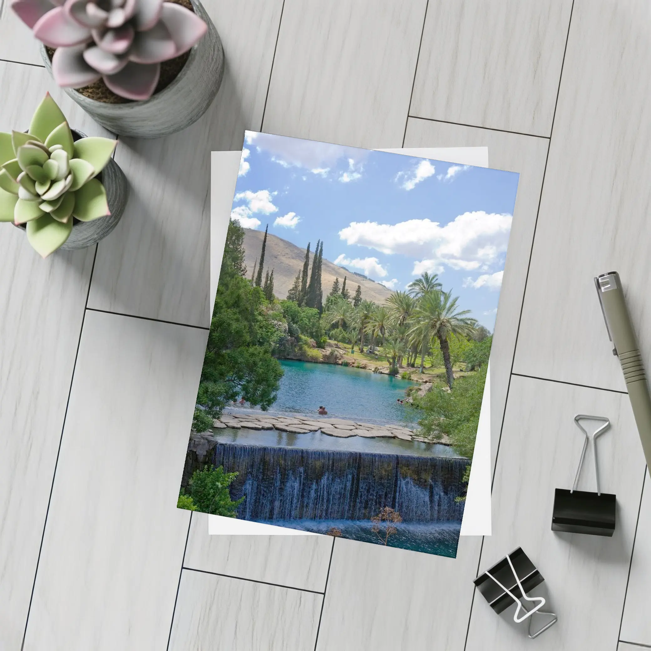 Tropical Pool Waterfall Green Palm Trees – Postcards