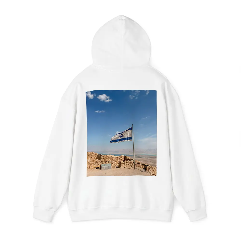 Israel Flag Flying Over Masada Desert – Hoodies