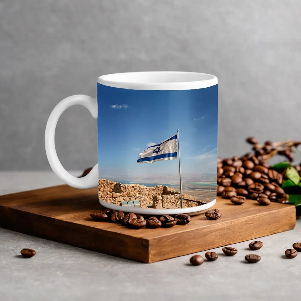 Israel Flag Flying Over Masada Desert – Mugs