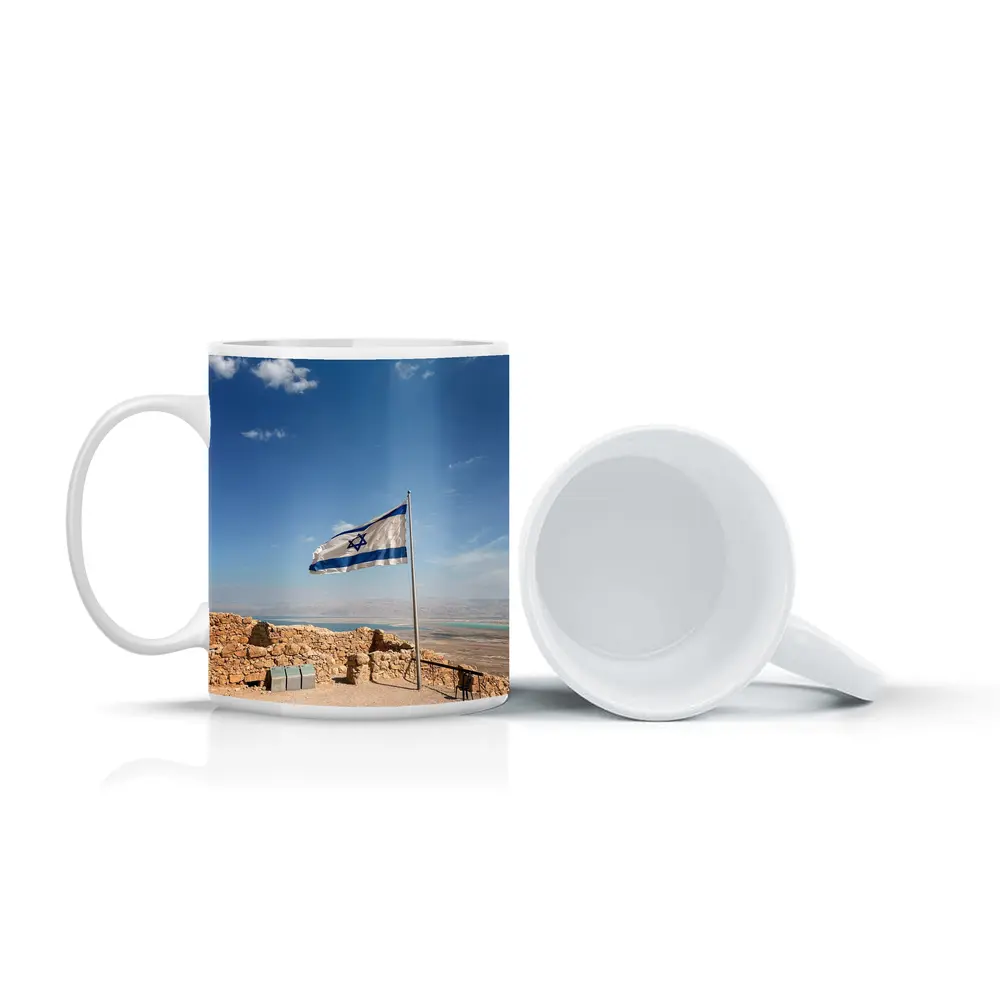 Israel Flag Flying Over Masada Desert – Mugs