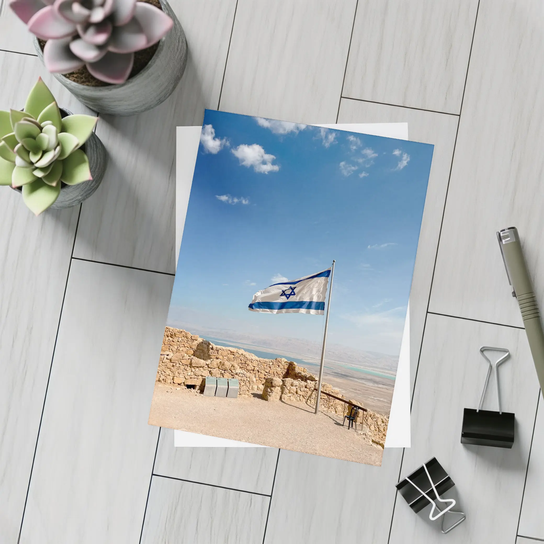 Israel Flag Flying Over Masada Desert – Postcards