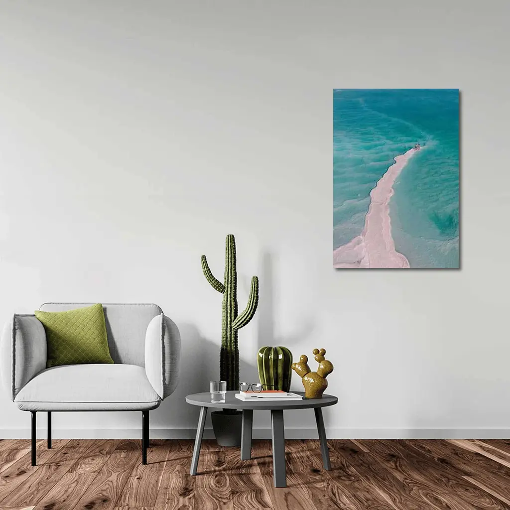 Aerial View Couple Walking Turquoise Salt Shore – Wall Art