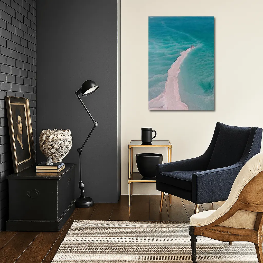 Aerial View Couple Walking Turquoise Salt Shore – Wall Art