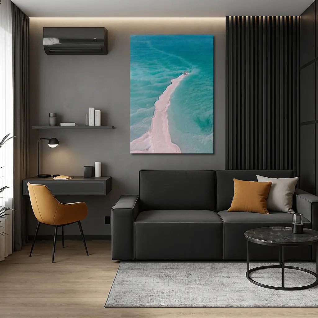 Aerial View Couple Walking Turquoise Salt Shore – Wall Art