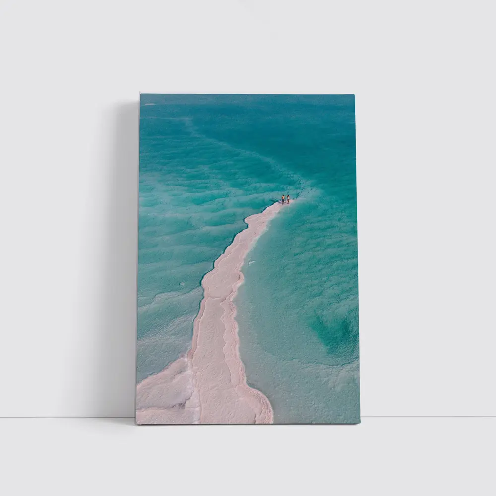 Aerial View Couple Walking Turquoise Salt Shore – Wall Art