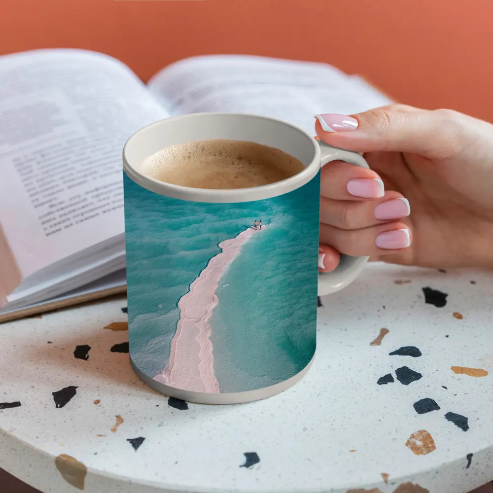 Aerial View Couple Walking Turquoise Salt Shore – Mugs