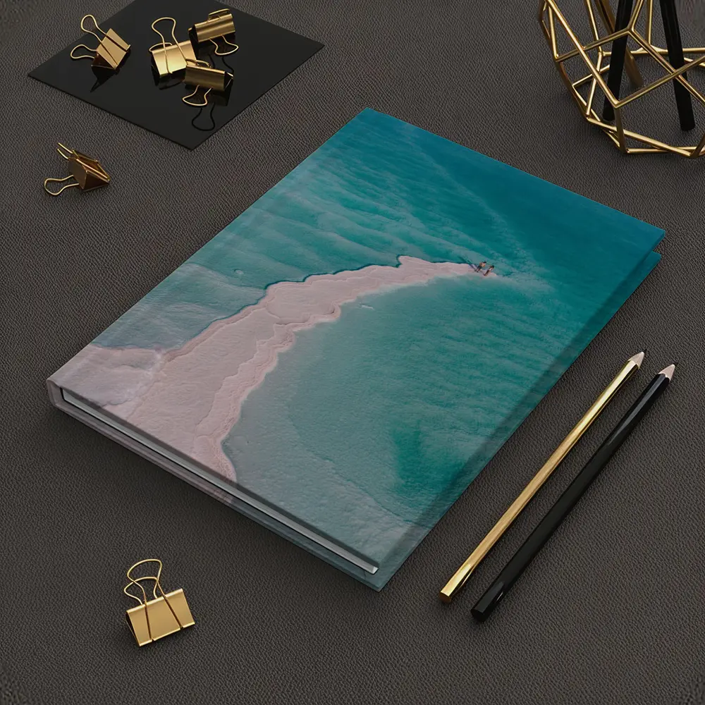 Aerial View Couple Walking Turquoise Salt Shore – Notebooks