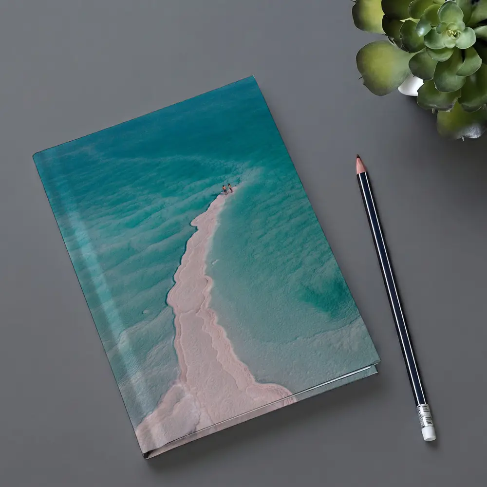Aerial View Couple Walking Turquoise Salt Shore – Notebooks