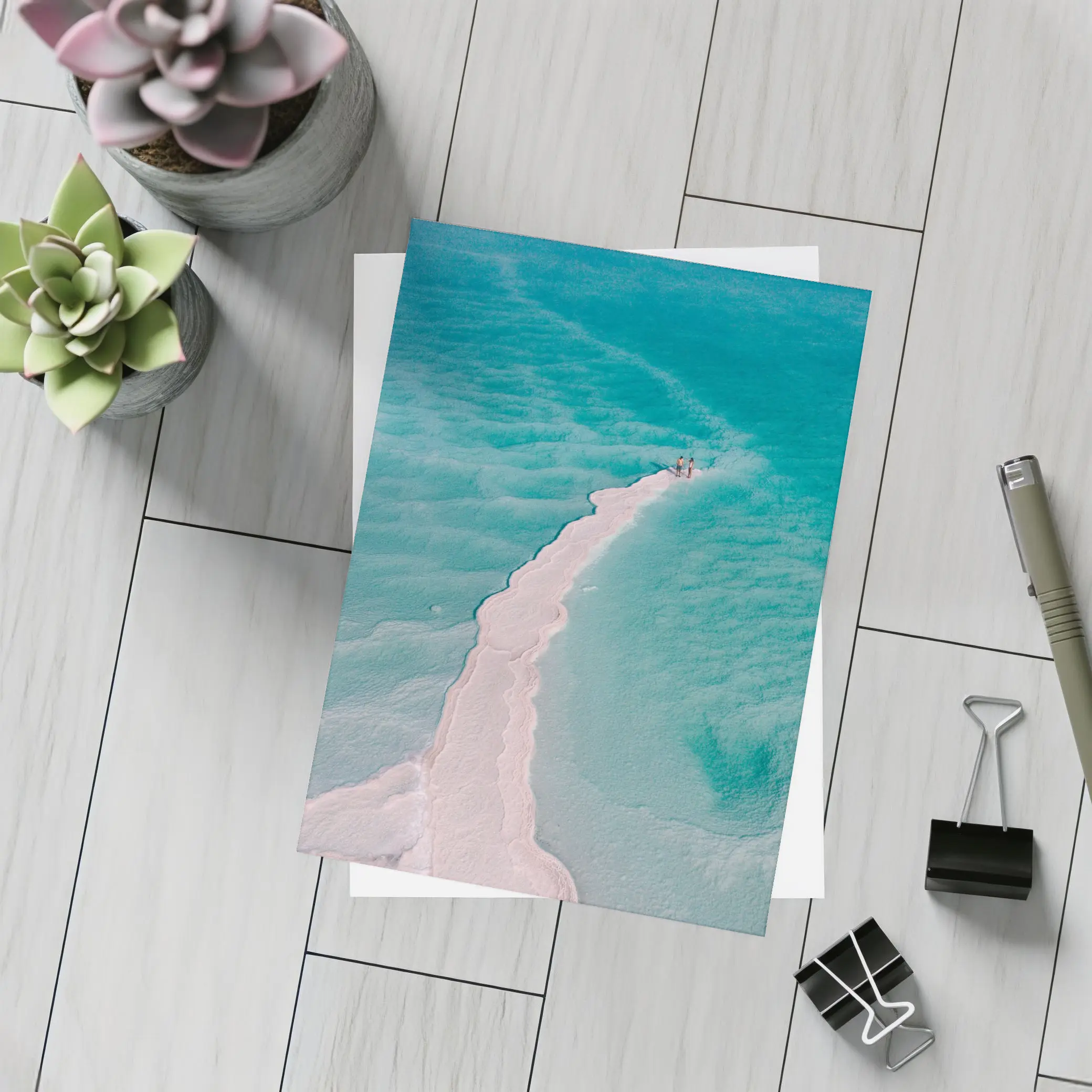 Aerial View Couple Walking Turquoise Salt Shore – Postcards