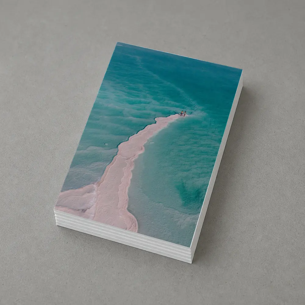 Aerial View Couple Walking Turquoise Salt Shore – Postcards